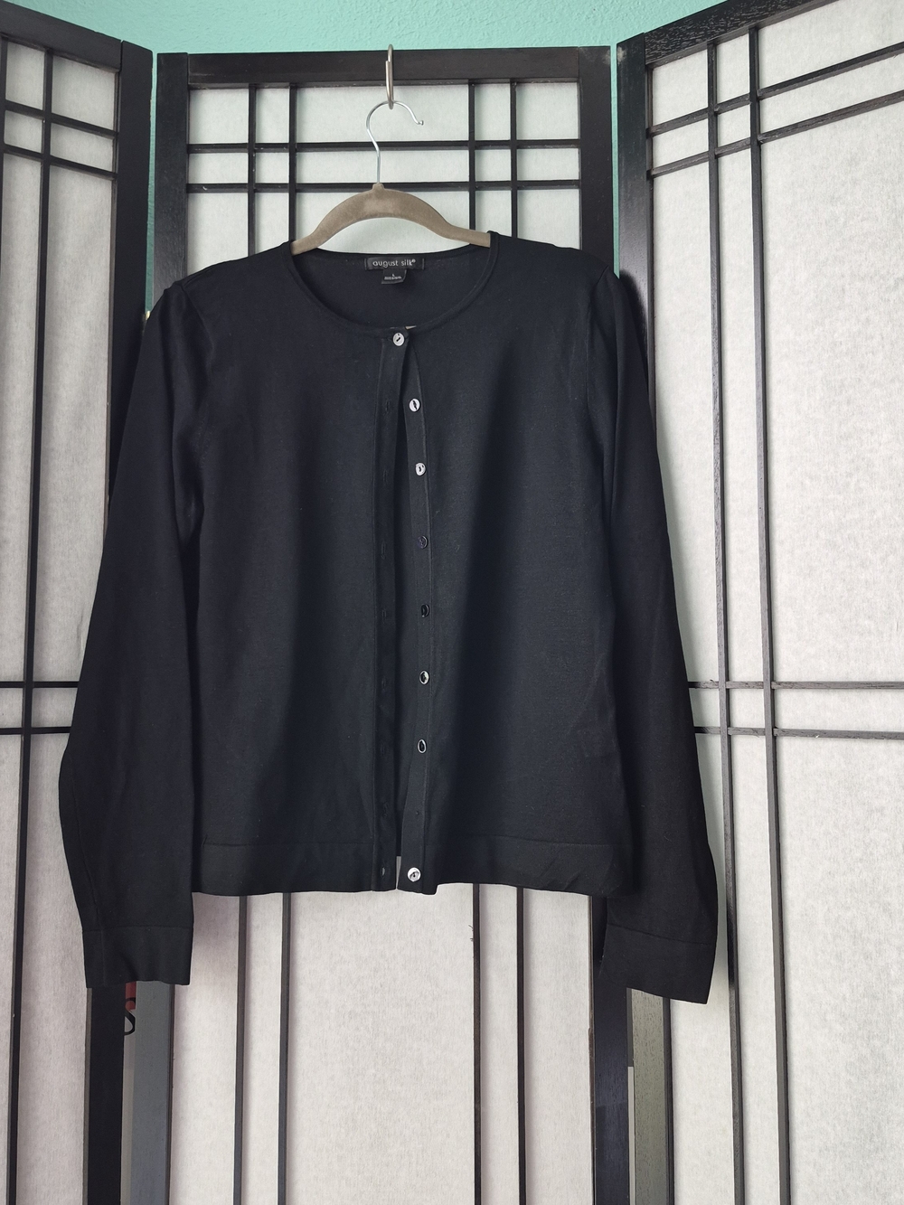 August Silk Black Knit Cardigan with Button Front